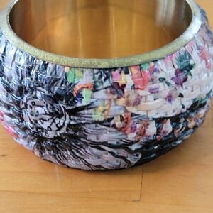Desigual Wide Chunky Bangle Bracelet Brass Gold Tone Multi Color Floral Resin
